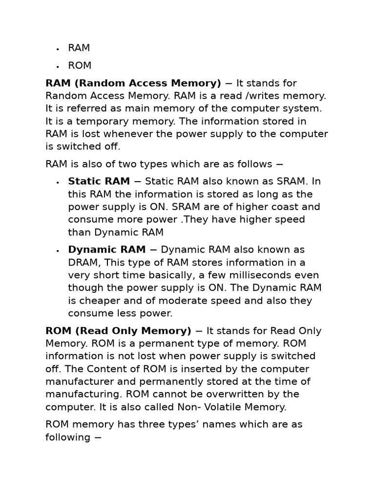 RAM and ROM: Types and Functions | PDF