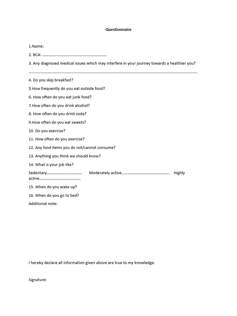 Health and Lifestyle Questionnaire | PDF