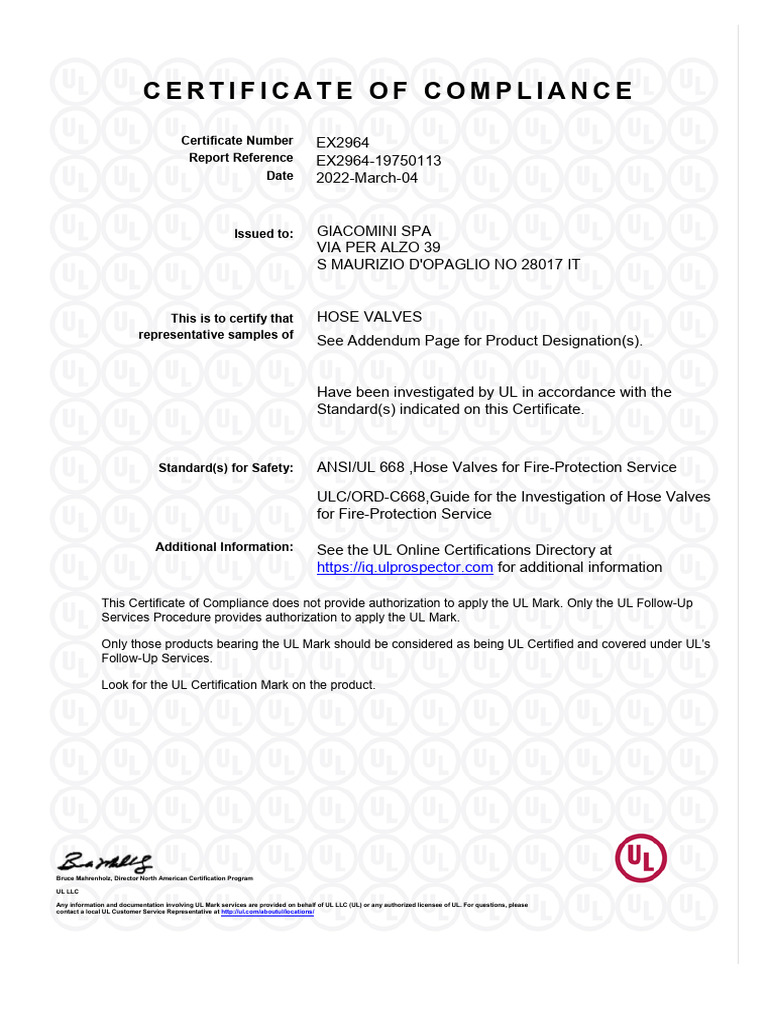 UL 668 Compliance Certificate for Hose Valves | PDF | Gas Technologies