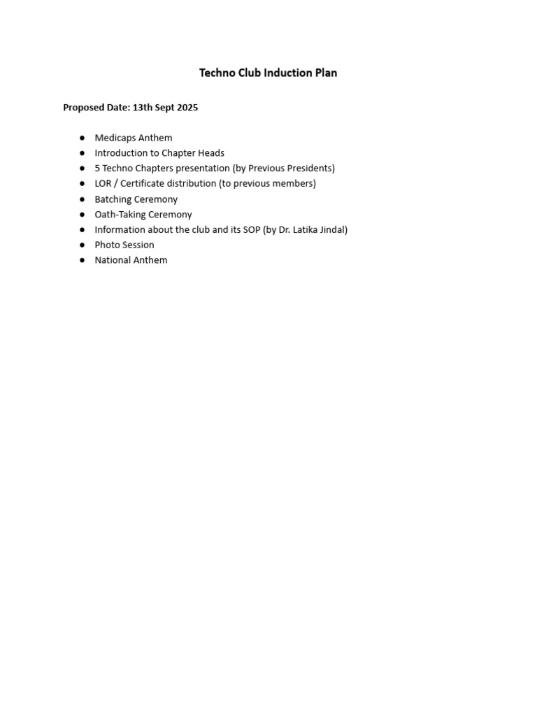 Techno Club Induction Plan | PDF
