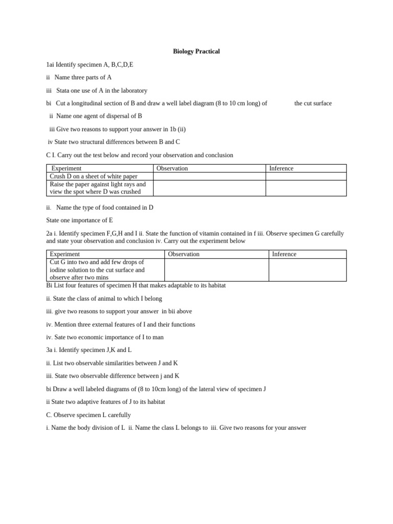 Biology Practical Specimen Identification Guide | PDF