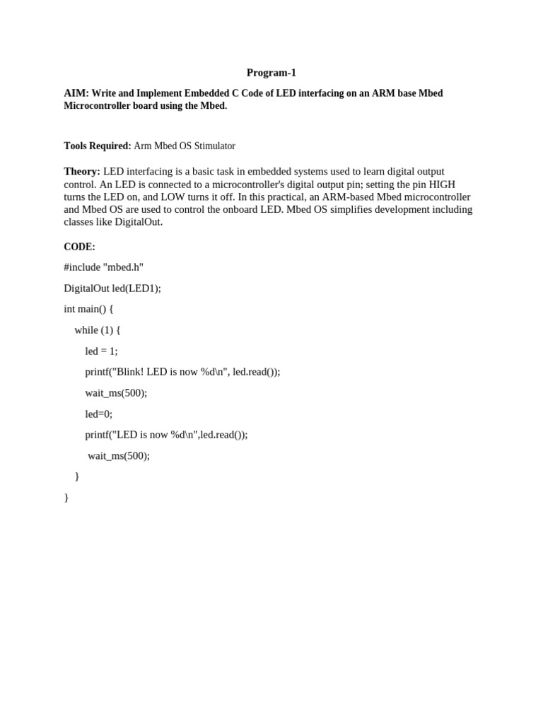 LED Interfacing with ARM Mbed Microcontroller | PDF