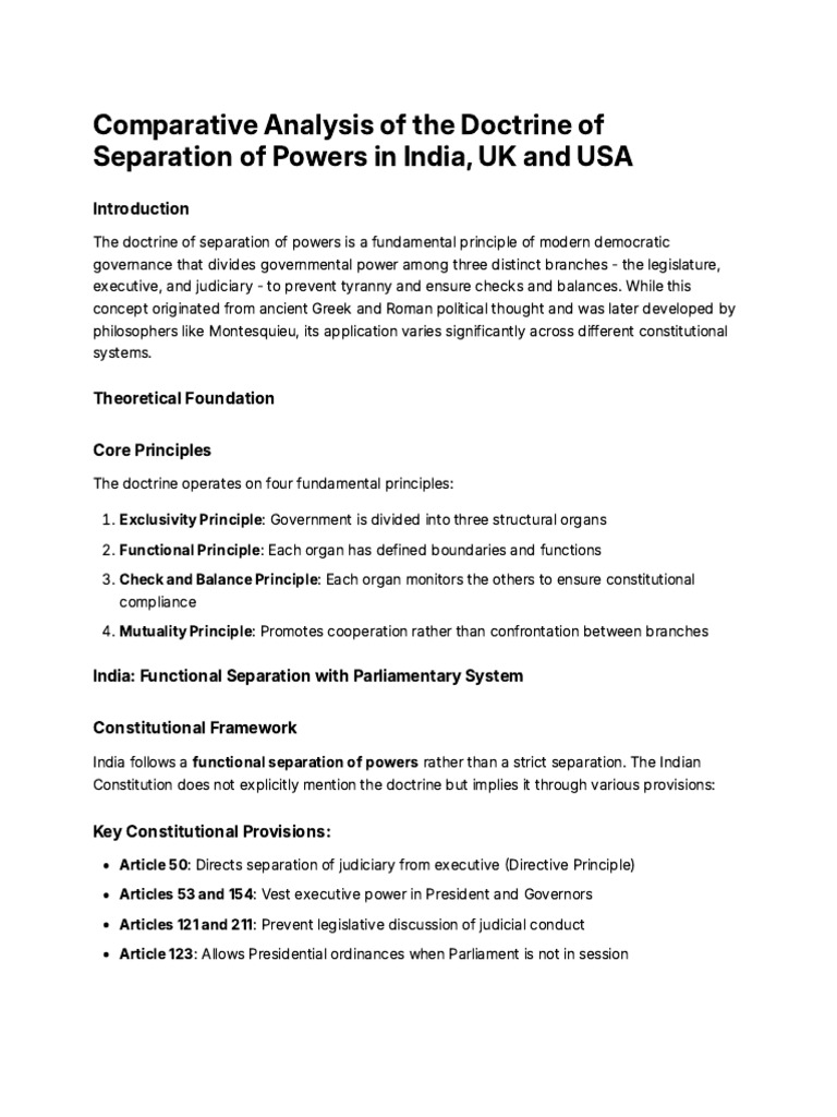 Comparative Analysis of Separation of Powers | PDF | Separation Of ...