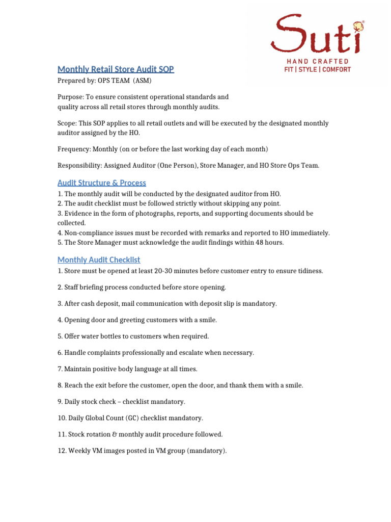 Monthly Retail Store Audit SOP Guide | PDF