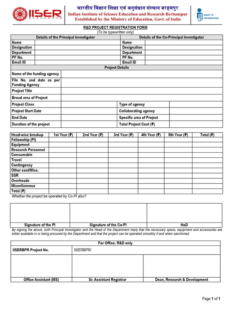IISERBPR R D Project Registration Form Pdf1751456944 | PDF
