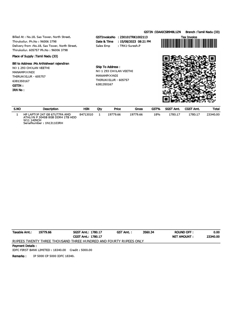 Invoice for HP Laptop Purchase | PDF