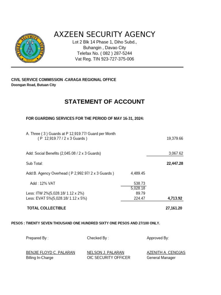 Security Services Statement of Account | PDF | Philippines | Economy Of ...