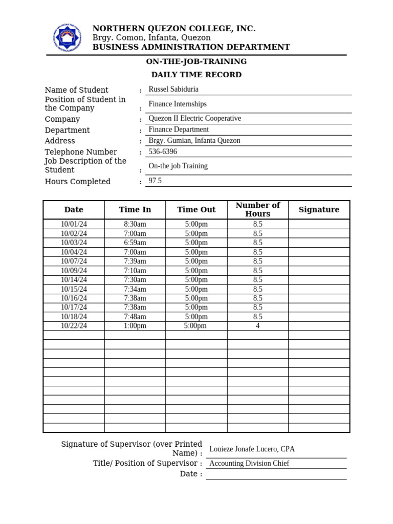 Daily Time Record for Finance Intern | PDF