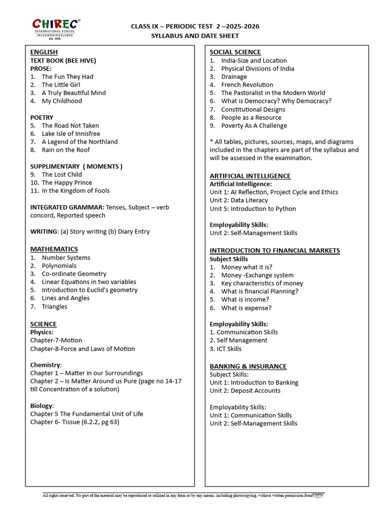 Class IX PT-II Syllabus and Datesheet | PDF