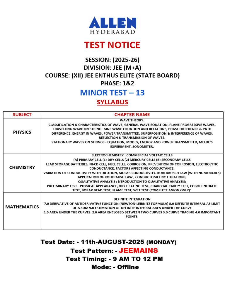 JEE Minor Test 2025-26 Syllabus Overview | PDF | Waves | Integral
