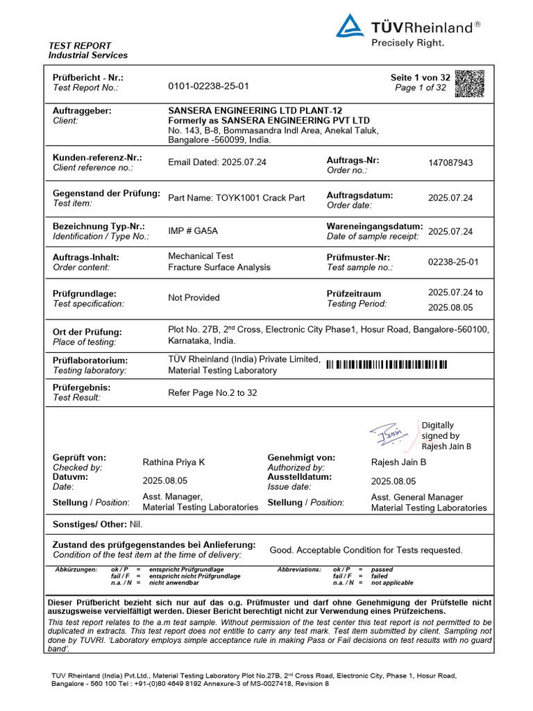 TUV Test Report for TOYK1001 Crack Part | PDF | Fracture | Scanning ...