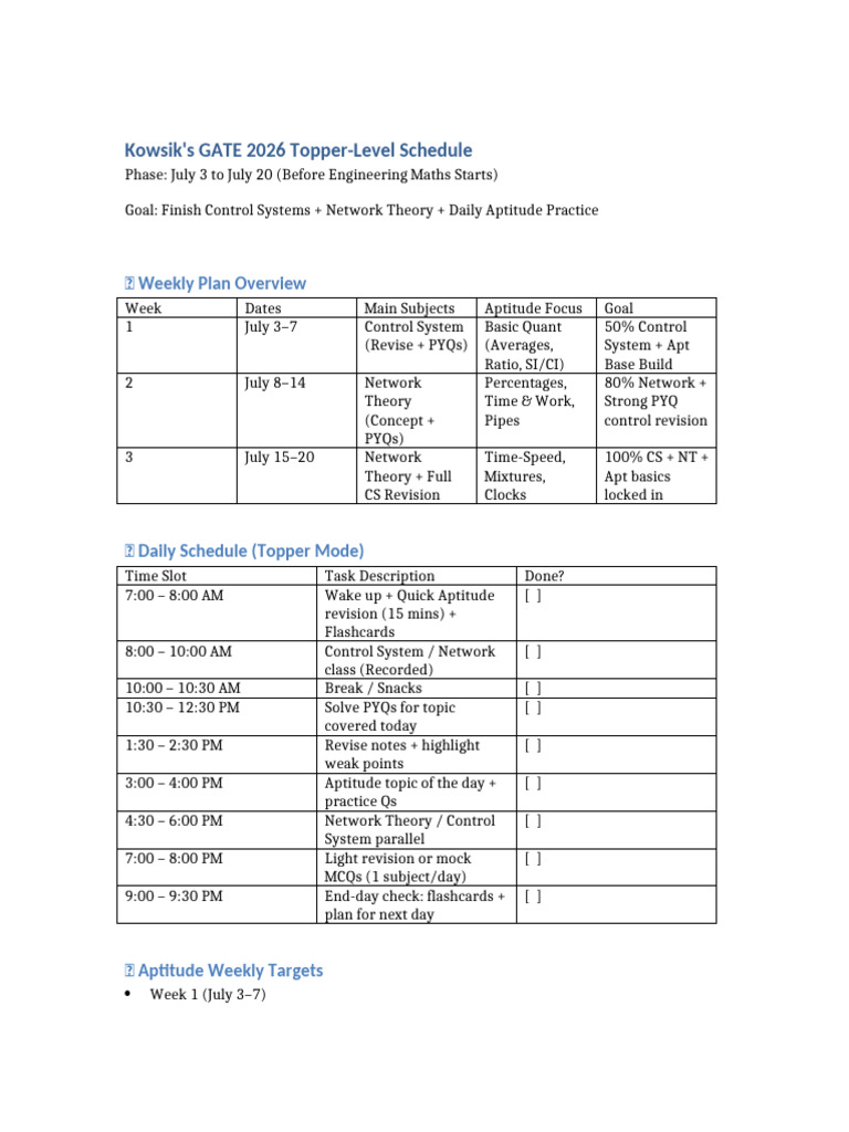 GATE 2026 Study Schedule for Topper Success | PDF