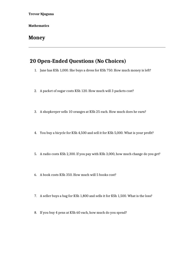 20 Open-Ended Money Math Questions | PDF
