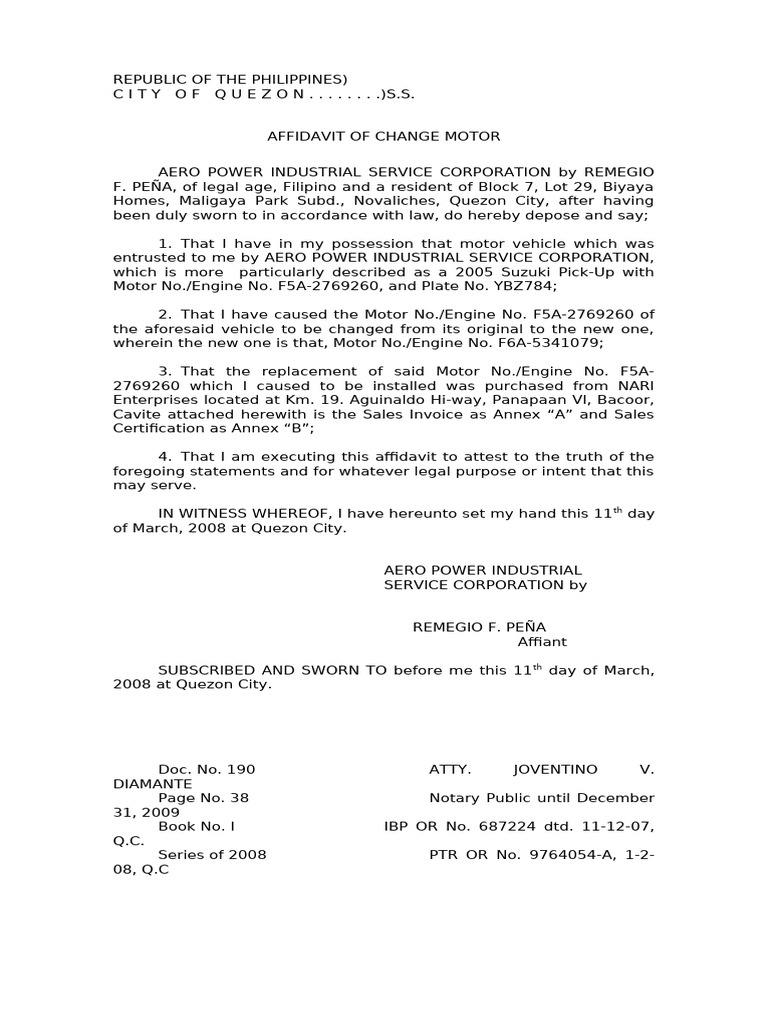 Affidavit of Motor Change in Quezon City | PDF