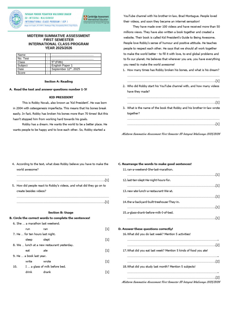 English Midterm Assessment 2025/2026 | PDF | Chess Theory | Chess