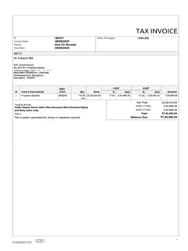 System Generated Bill for Srikanth MS | PDF