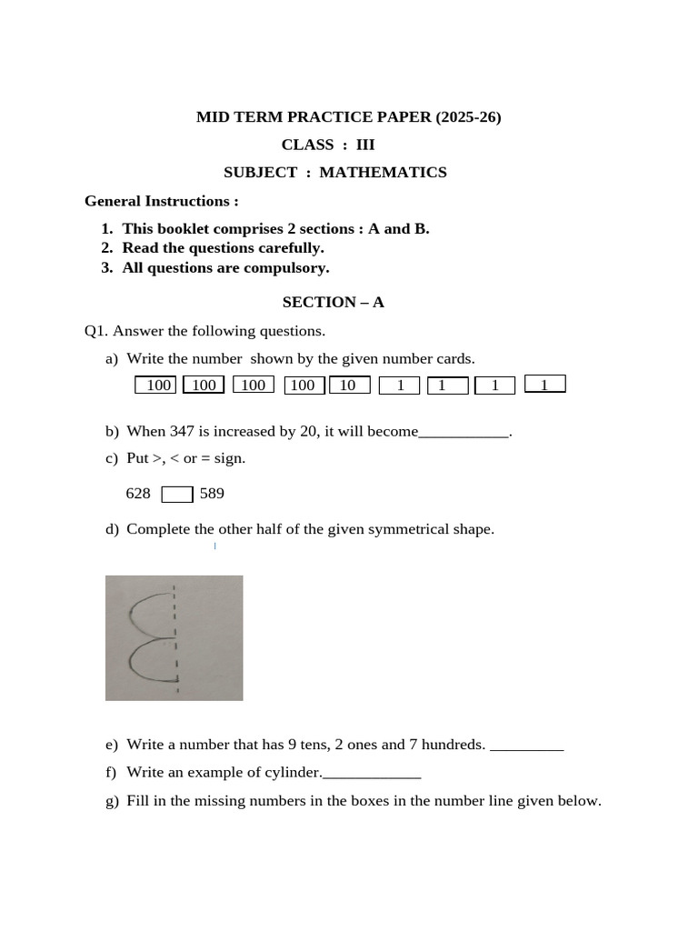 Class 3 Math Midterm Practice Paper | PDF