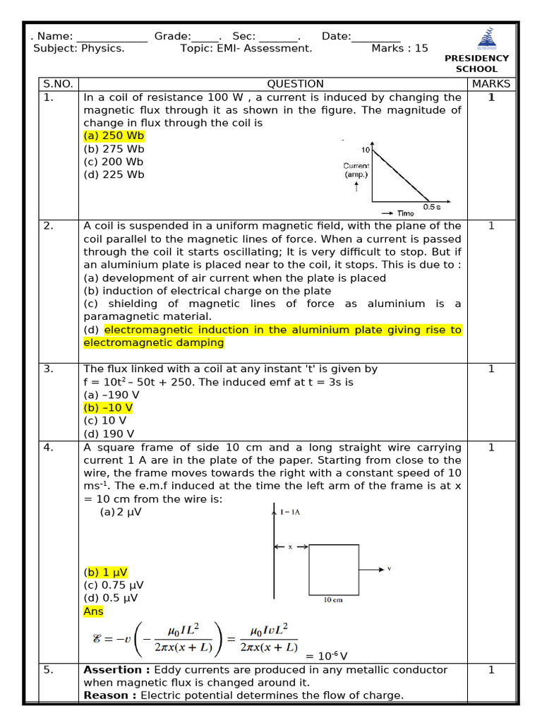 EMI Assessment Questions for Physics | PDF | Inductance | Inductor