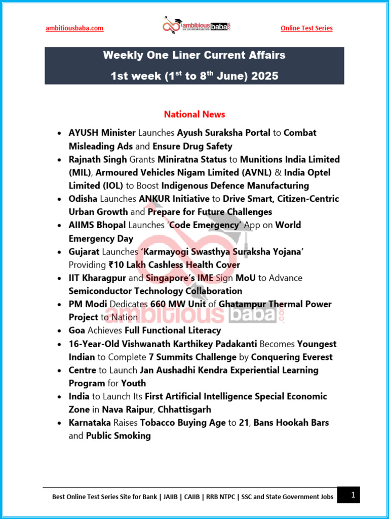 One Liner 1st Week 1st June 8th June AB | PDF