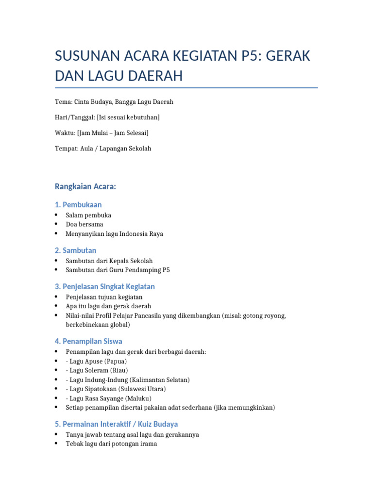 Susunan Acara P5 Gerak Dan Lagu Daerah | PDF