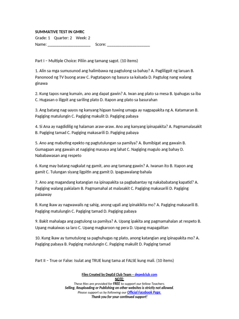 Summ Test GMRC 1 q2 w2 | PDF