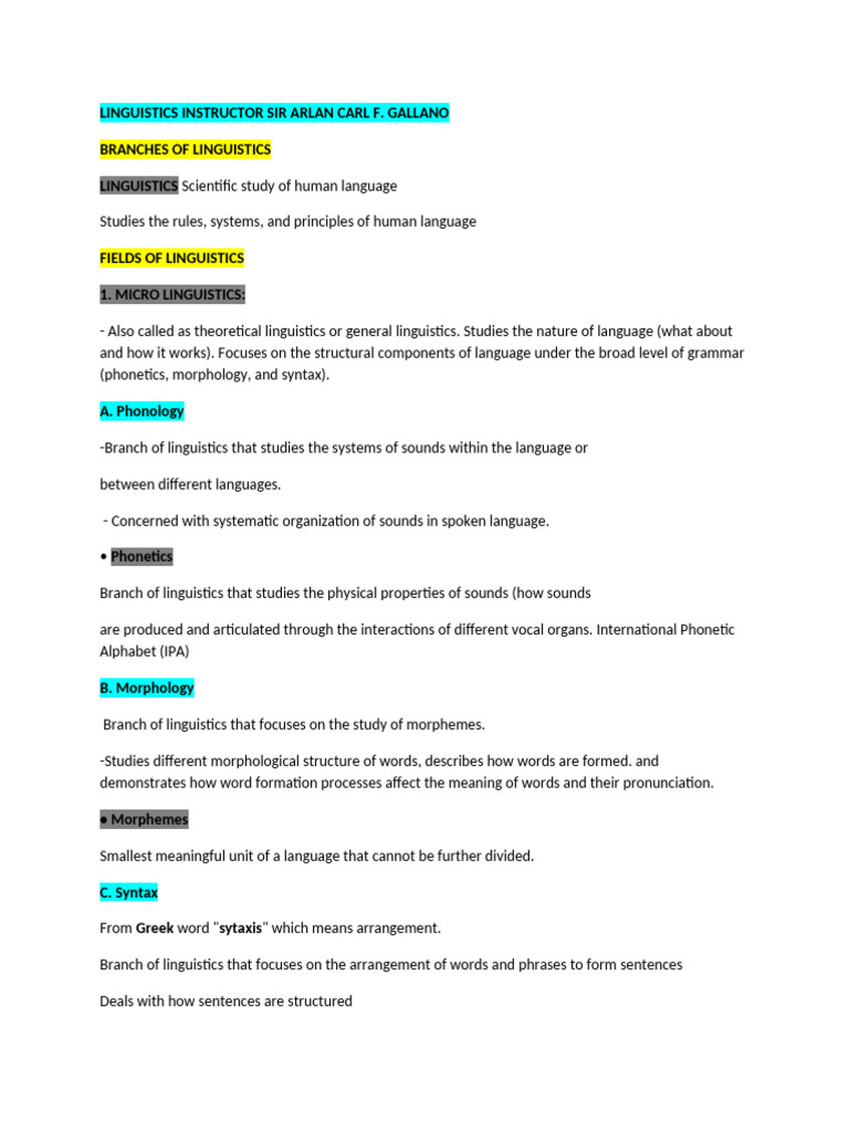 Overview of Linguistics Branches and Concepts | PDF | Linguistics ...