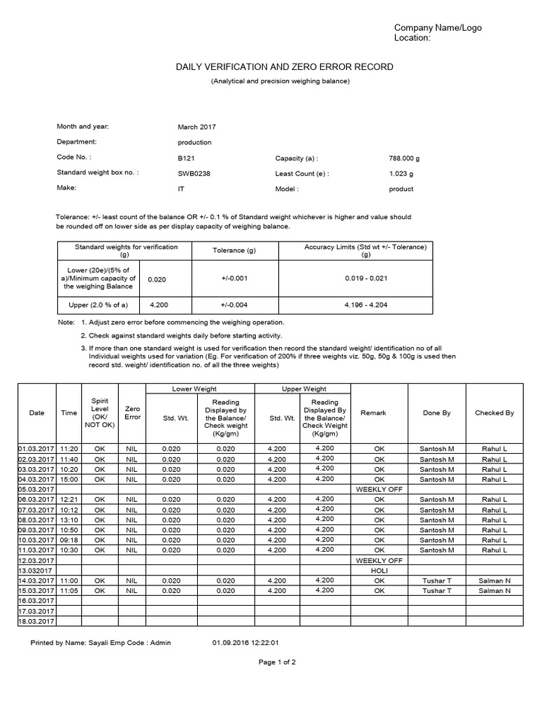 Daily Weighing Balance Verification Log | PDF | Weight