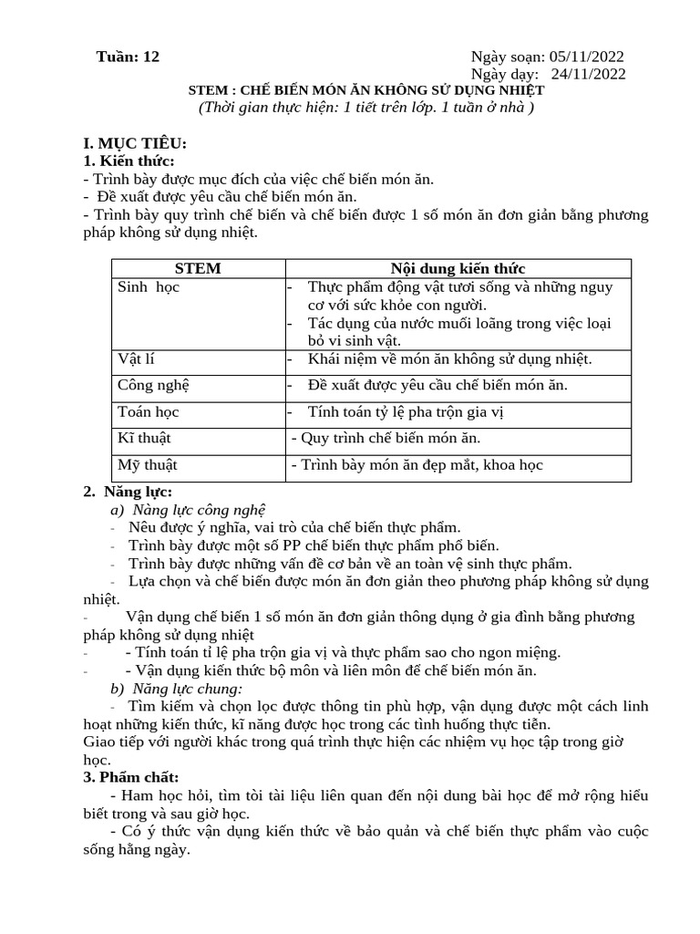 Kế Hoạch Bài Dạy Stem Mon Cong Nghe 6 | PDF