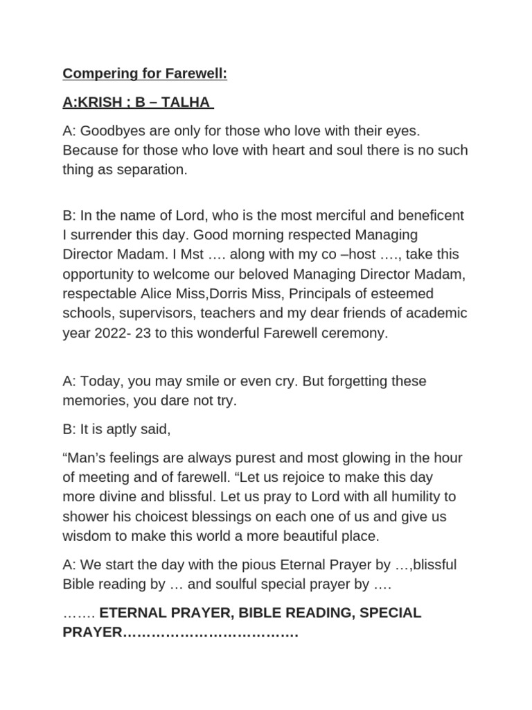 Farewell Ceremony Script for Students | PDF | Prayer | Spirituality