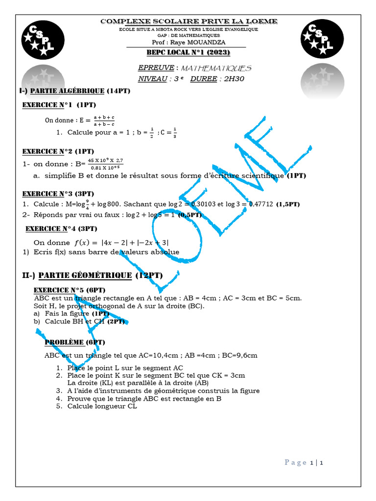 Exercices de mathématiques 3e BEPC | PDF