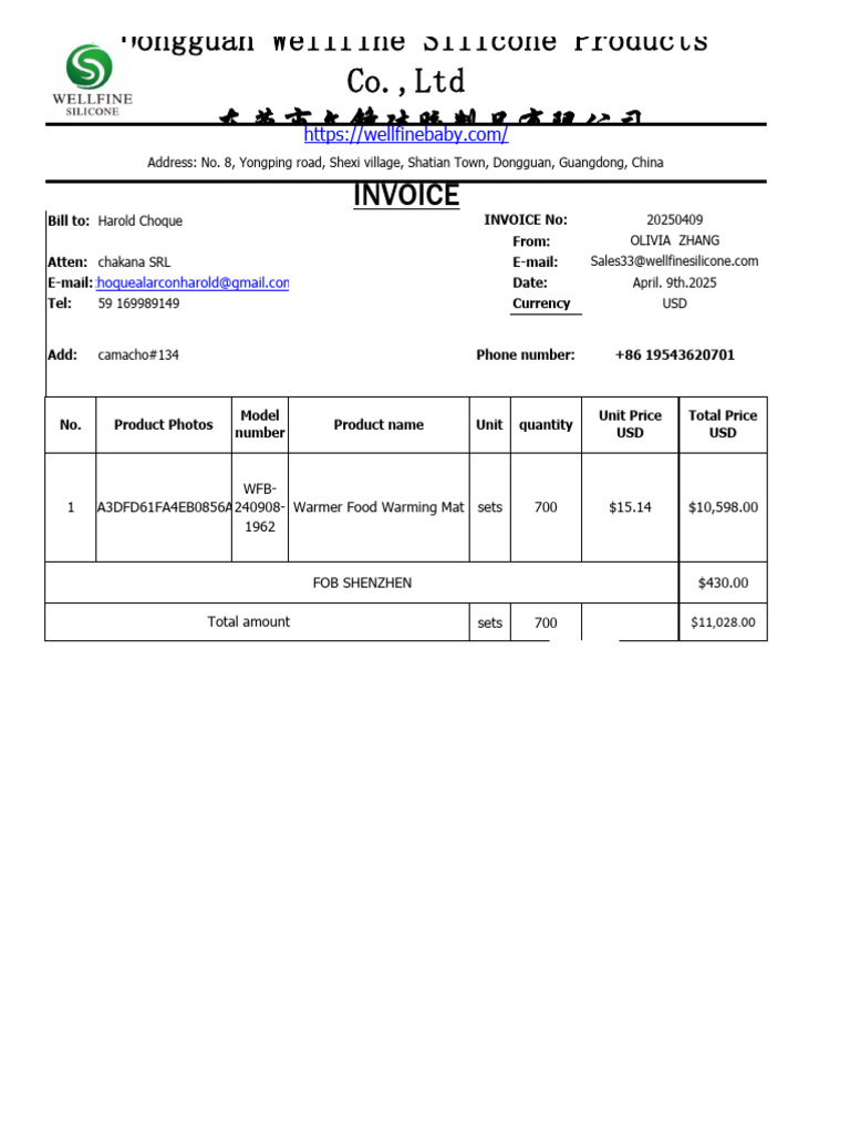 Invoice: Address: No. 8, Yongping Road, Shexi Village, Shatian Town ...