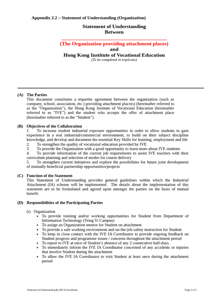 IVE Industrial Attachment Agreement | PDF | Vocational Education | Safety