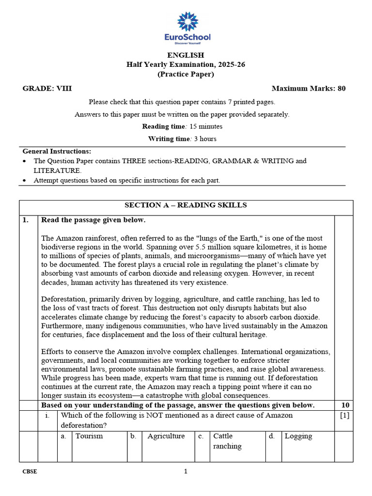 CBSE Grade 8 English Half-Yearly Exam 2025-26 | PDF | Amazon Rainforest ...