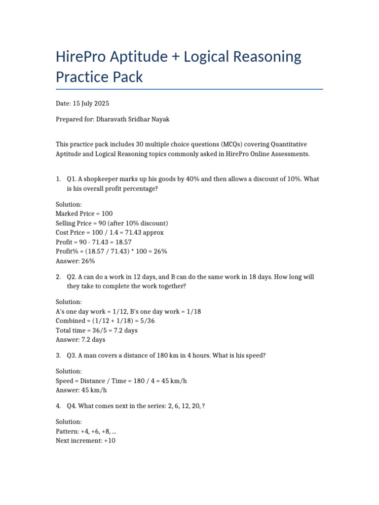 HirePro Aptitude & Reasoning Practice Pack | PDF | Chess Theory | Chess