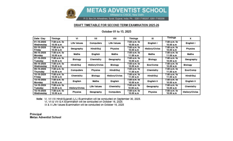 Class 10 Second Term Exam Timetable 2025 | PDF