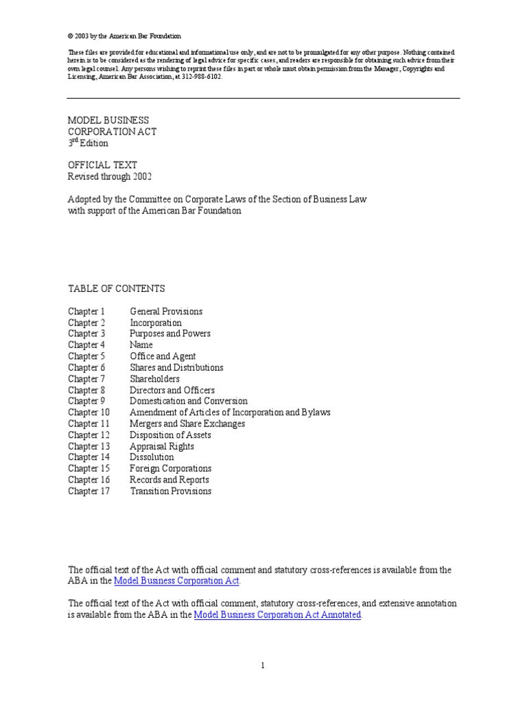Revised Model Business Corporations Act PDF Corporations Board Of