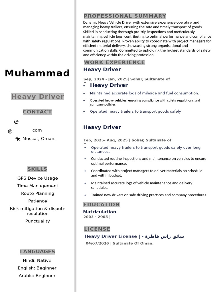 Experienced Heavy Vehicle Driver Resume | PDF | Oman | Safety