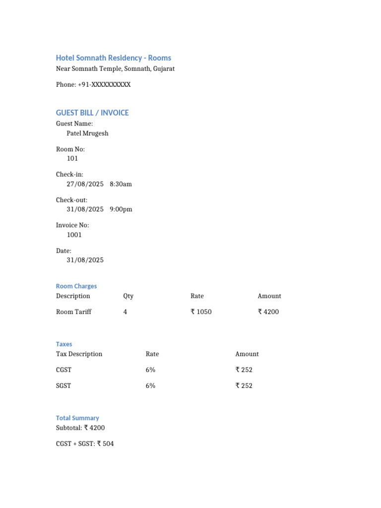 Hotel Somnath Residency Invoice 101 | PDF