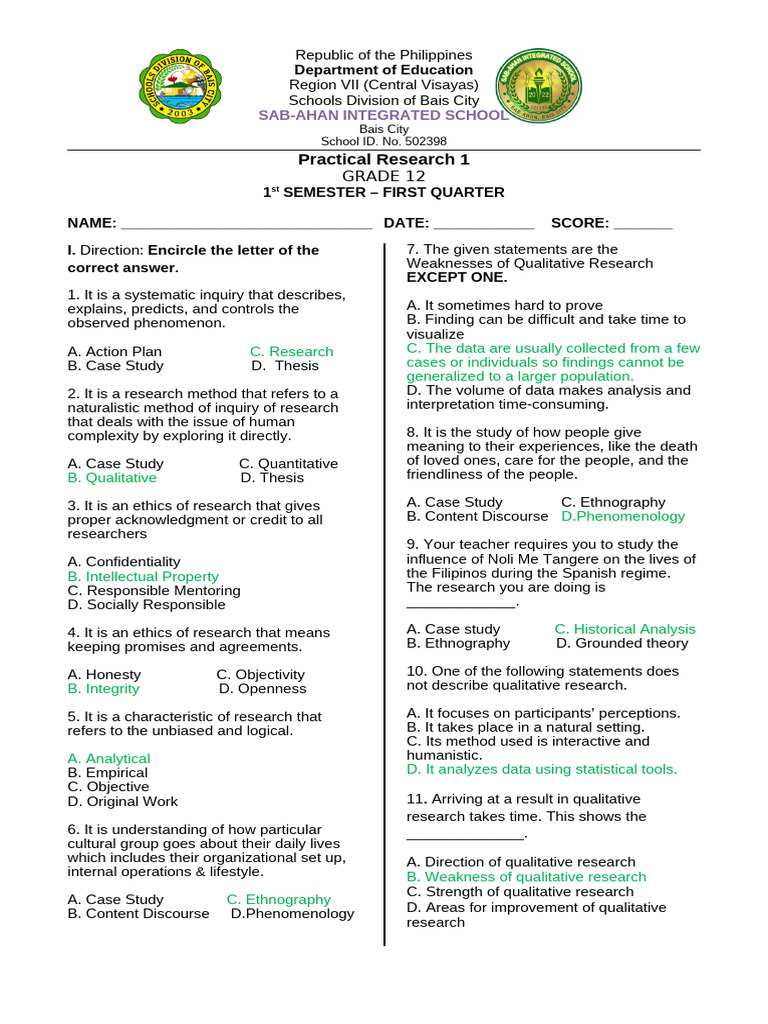 Grade 12 Practical Research 1 Quiz | PDF | Qualitative Research ...