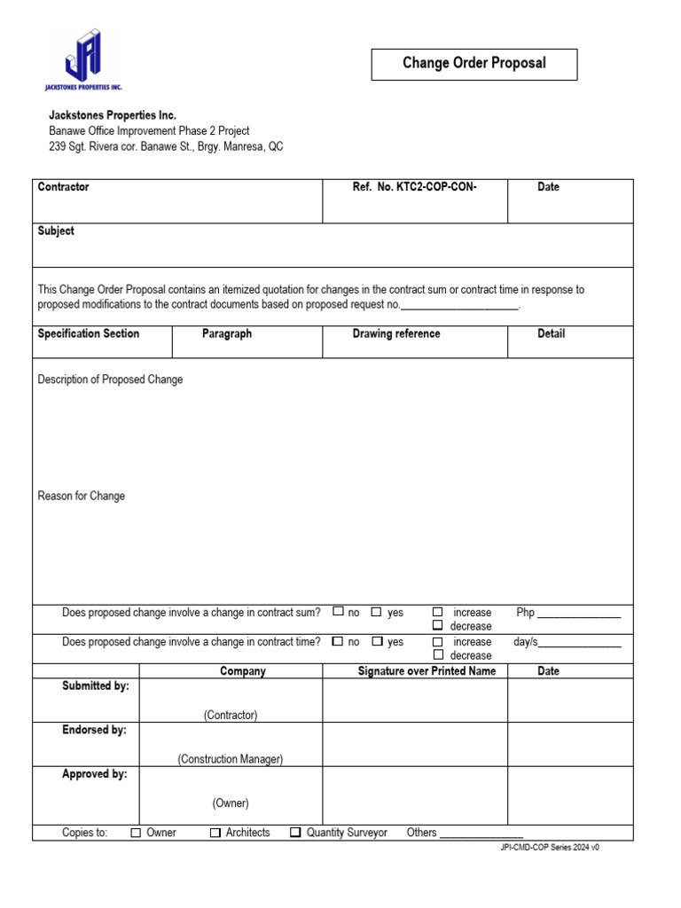 Change Order Proposal for JPI-CMD-COP 2024 | PDF