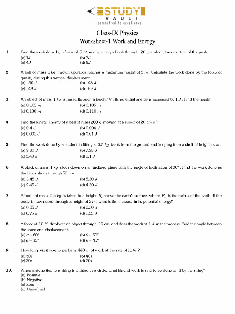 Class IX Physics Worksheet: Work & Energy | PDF | Force | Kinetic Energy