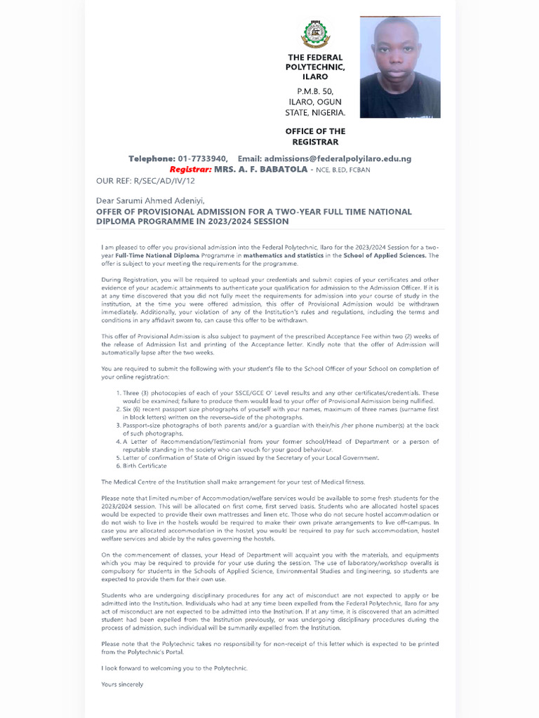 Ahmed Admission Letter | PDF