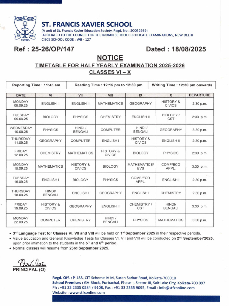 Classes Vi To X - Timetable For Half Yearly Examination'2025!26!1 | PDF