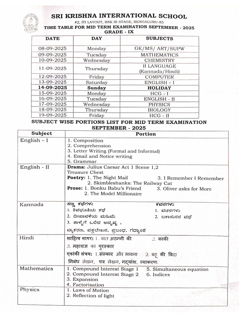 Grade 9 Mid Term Time Table | PDF