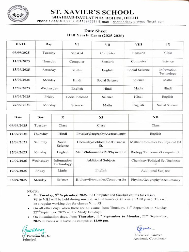 Class 11 Half Yearly Exam Schedule 2025 | PDF | Science