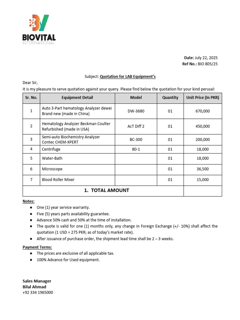 Lab Equipment Quotation - July 2025 | PDF