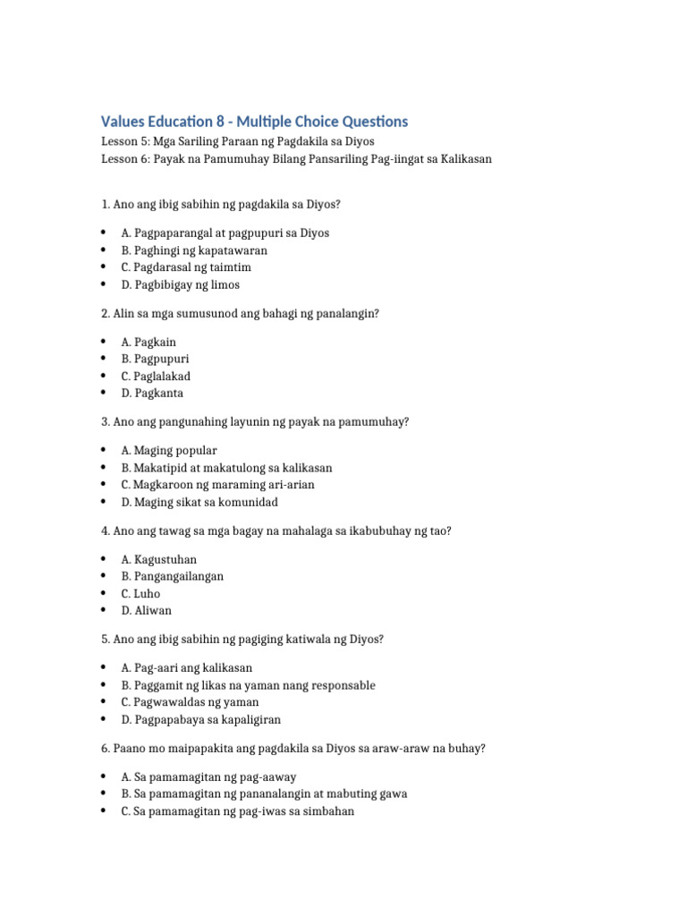 Values Education 8 - Multiple Choice Questions | PDF