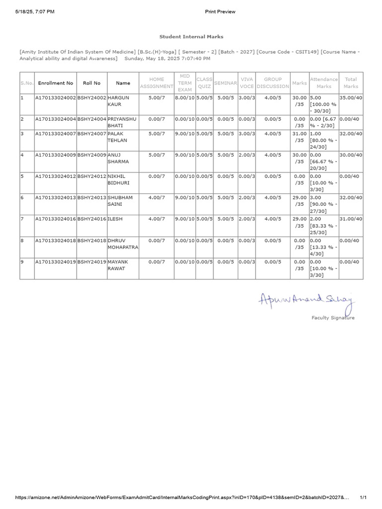 B.SC (H) Yoga AADA Internal Marks | PDF