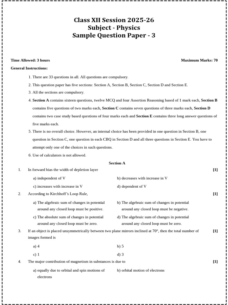 Class XII Physics Sample Question Paper | PDF | Capacitor | Inductor