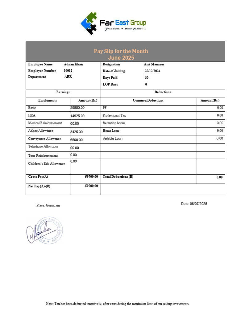 June 2025 Pay Slip for Adnan Khan | PDF